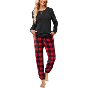 Ekouaer Womens Pajamas Sets Long Sleeve Soft Sleepwear 2 Piece Velvet Pjs Lounge Sets with Pockets(Plaid Red)