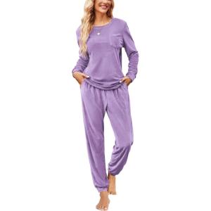 Ekouaer Womens Pajamas Sets Long Sleeve Soft Sleepwear 2 Piece Velvet Pjs Lounge Sets with Pockets(Purple)