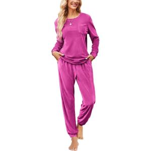 Ekouaer Womens Pajamas Sets Long Sleeve Soft Sleepwear 2 Piece Velvet Pjs Lounge Sets with Pockets(Rose Red)