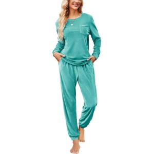 Ekouaer Womens Pajamas Sets Long Sleeve Soft Sleepwear 2 Piece Velvet Pjs Lounge Sets with Pockets(Turquoise Green)