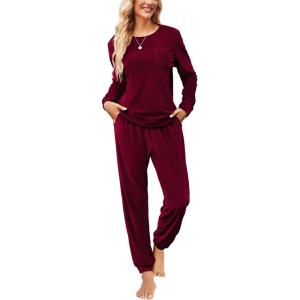 Ekouaer Womens Pajamas Sets Long Sleeve Soft Sleepwear 2 Piece Velvet Pjs Lounge Sets with Pockets(Wine Red)