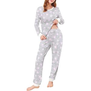 Ekouaer Womens Pajamas Sets Long Sleeve Tops with Jogger Pants Soft Pjs Lounge Set Outfits with Pockets(Light Grey Pink Star)