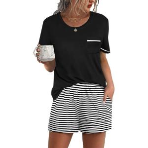 Ekouaer Womens Pajamas Sets Shorts 2 Piece Short Sleeve Lounge Sets Round Neck Sleepwear Soft Pjs with Pockets(Black)