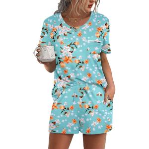 Ekouaer Womens Pajamas Sets Shorts 2 Piece Short Sleeve Lounge Sets Round Neck Sleepwear Soft Pjs with Pockets(Blue Flower)
