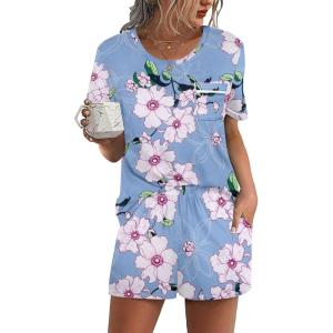 Ekouaer Womens Pajamas Sets Shorts 2 Piece Short Sleeve Lounge Sets Round Neck Sleepwear Soft Pjs with Pockets(Blue White Flower)