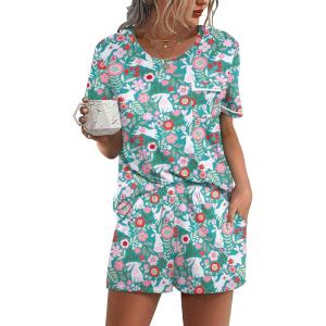Ekouaer Womens Pajamas Sets Shorts 2 Piece Short Sleeve Lounge Sets Round Neck Sleepwear Soft Pjs with Pockets(Green Rabbit)