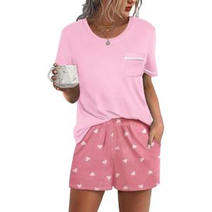 Ekouaer Womens Pajamas Sets Shorts 2 Piece Short Sleeve Lounge Sets Round Neck Sleepwear Soft Pjs with Pockets(Heart-pink)