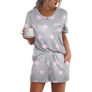 Ekouaer Womens Pajamas Sets Shorts 2 Piece Short Sleeve Lounge Sets Round Neck Sleepwear Soft Pjs with Pockets(Light Grey White Star)