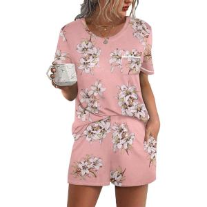 Ekouaer Womens Pajamas Sets Shorts 2 Piece Short Sleeve Lounge Sets Round Neck Sleepwear Soft Pjs with Pockets(Pink Flower)