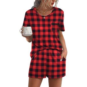 Ekouaer Womens Pajamas Sets Shorts 2 Piece Short Sleeve Lounge Sets Round Neck Sleepwear Soft Pjs with Pockets(Red Plaid)