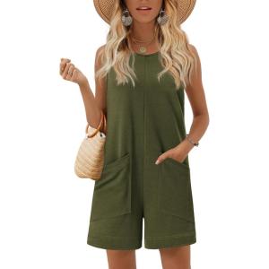 Ekouaer Womens Romper Summer Sleeveless Jumpsuit Casual Short Overalls with Pocket 2025(Army Green)