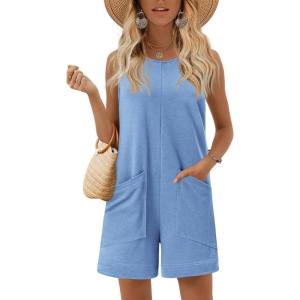Ekouaer Womens Romper Summer Sleeveless Jumpsuit Casual Short Overalls with Pocket 2025(Light Blue)