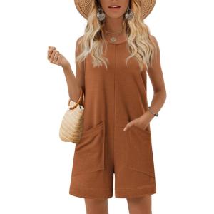Ekouaer Womens Romper Summer Sleeveless Jumpsuit Casual Short Overalls with Pocket 2025(Light Brown)