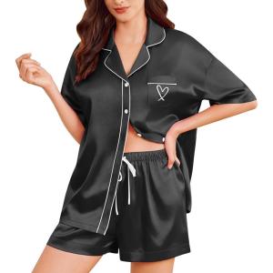 Ekouaer Womens Silk Satin Pajama Set, 2 Piece Heart Embroidery Short Sleeve Button Down Pjs Set for Bridal Party(Black)
