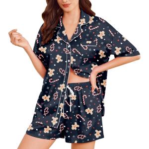 Ekouaer Womens Silk Satin Pajama Set, 2 Piece Heart Embroidery Short Sleeve Button Down Pjs Set for Bridal Party(Black Christmas)