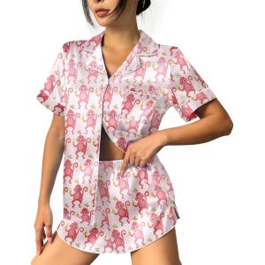 Ekouaer Womens Silk Satin Pajama Set Print Short Sleeve Sleepwear Button Down Pjs Shorts Set Loungewear(Banana Monkey)