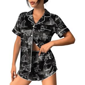 Ekouaer Womens Silk Satin Pajama Set Print Short Sleeve Sleepwear Button Down Pjs Shorts Set Loungewear(Black Leopard)