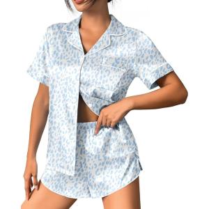 Ekouaer Womens Silk Satin Pajama Set Print Short Sleeve Sleepwear Button Down Pjs Shorts Set Loungewear(Blue Leopard)