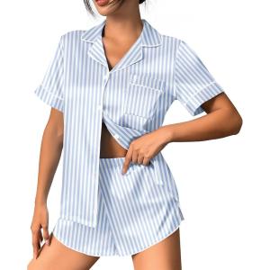 Ekouaer Womens Silk Satin Pajama Set Print Short Sleeve Sleepwear Button Down Pjs Shorts Set Loungewear(Blue Striped)