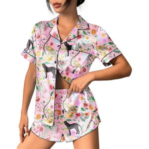 Ekouaer Womens Silk Satin Pajama Set Print Short Sleeve Sleepwear Button Down Pjs Shorts Set Loungewear(Flower and Leopard)