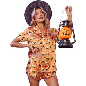 Ekouaer Womens Silk Satin Pajama Set Print Short Sleeve Sleepwear Button Down Pjs Shorts Set Loungewear(Halloween Skull)