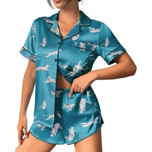 Ekouaer Womens Silk Satin Pajama Set Print Short Sleeve Sleepwear Button Down Pjs Shorts Set Loungewear(Leopard)