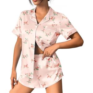 Ekouaer Womens Silk Satin Pajama Set Print Short Sleeve Sleepwear Button Down Pjs Shorts Set Loungewear(Light Pink Floral)