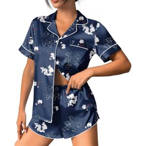 Ekouaer Womens Silk Satin Pajama Set Print Short Sleeve Sleepwear Button Down Pjs Shorts Set Loungewear(Navy Blue Floral)