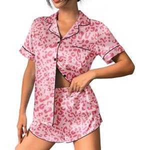 Ekouaer Womens Silk Satin Pajama Set Print Short Sleeve Sleepwear Button Down Pjs Shorts Set Loungewear(Peach Red Leopard)