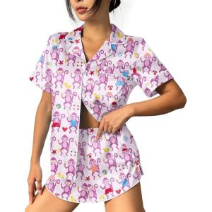 Ekouaer Womens Silk Satin Pajama Set Print Short Sleeve Sleepwear Button Down Pjs Shorts Set Loungewear(Purple Monkey)