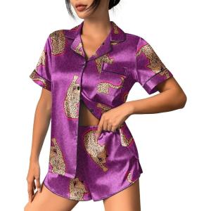 Ekouaer Womens Silk Satin Pajama Set Print Short Sleeve Sleepwear Button Down Pjs Shorts Set Loungewear(Purple-red Leopard)