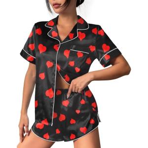 Ekouaer Womens Silk Satin Pajama Set Print Short Sleeve Sleepwear Button Down Pjs Shorts Set Loungewear(Red Heart)