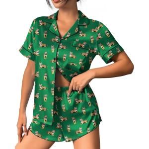Ekouaer Womens Silk Satin Pajama Set Print Short Sleeve Sleepwear Button Down Pjs Shorts Set Loungewear(Tiger)