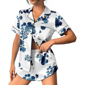 Ekouaer Womens Silk Satin Pajama Set Print Short Sleeve Sleepwear Button Down Pjs Shorts Set Loungewear(White Floral)