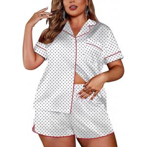 Ekouaer Womens Silk Satin Pajamas Set Short Sleeve Sleepwear Button Down Loungewear 2 Piece Pjs Shorts Set S-5X Plus Size(Black and White Polka Dots)