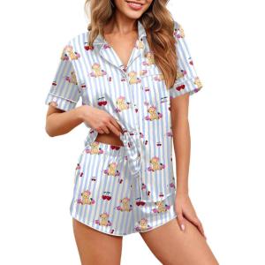 Ekouaer Womens Silk Satin Pajamas Set Short Sleeve Sleepwear Button Down Loungewear 2 Piece Pjs Shorts Set S-5X Plus Size(Blue Striped Teddy Bear)