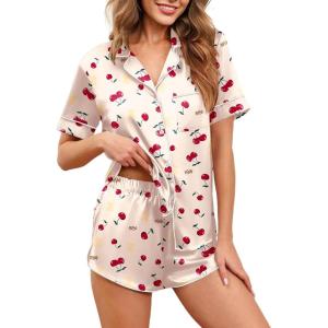 Ekouaer Womens Silk Satin Pajamas Set Short Sleeve Sleepwear Button Down Loungewear 2 Piece Pjs Shorts Set S-5X Plus Size(Cherry Teddy Bear)