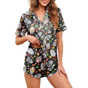 Ekouaer Womens Silk Satin Pajamas Set Short Sleeve Sleepwear Button Down Loungewear 2 Piece Pjs Shorts Set S-5X Plus Size(Colourful Halloween Skulls)