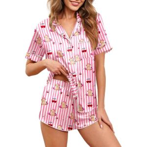 Ekouaer Womens Silk Satin Pajamas Set Short Sleeve Sleepwear Button Down Loungewear 2 Piece Pjs Shorts Set S-5X Plus Size(Pink Striped Teddy Bear)