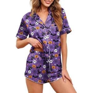 Ekouaer Womens Silk Satin Pajamas Set Short Sleeve Sleepwear Button Down Loungewear 2 Piece Pjs Shorts Set S-5X Plus Size(Purple Halloween Print)