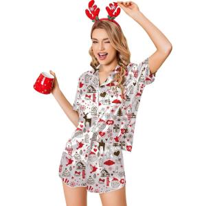 Ekouaer Womens Silk Satin Pajamas Set Short Sleeve Sleepwear Button Down Loungewear 2 Piece Pjs Shorts Set S-5X Plus Size(White Christmas Print)