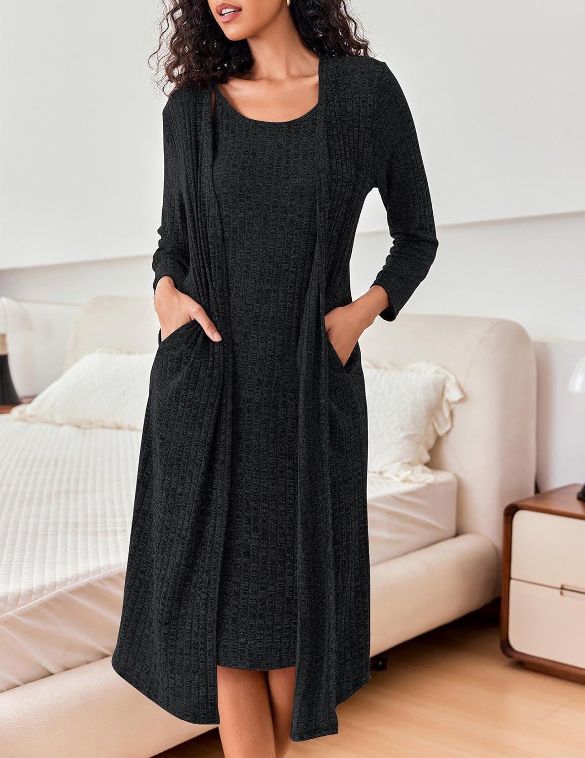 imageEKOUAER Womens Knit Robe Set 2 Piece Nightgown with Robes Long Sleeves Lounge Sets with Pockets S 3XLBlack