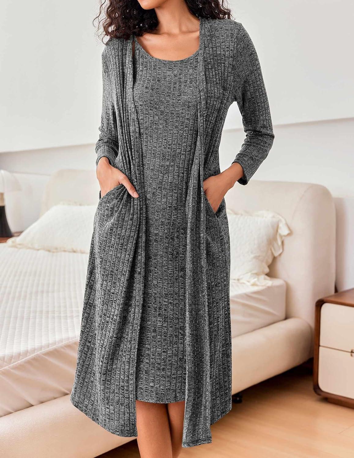 imageEKOUAER Womens Knit Robe Set 2 Piece Nightgown with Robes Long Sleeves Lounge Sets with Pockets S 3XLBlack Gray