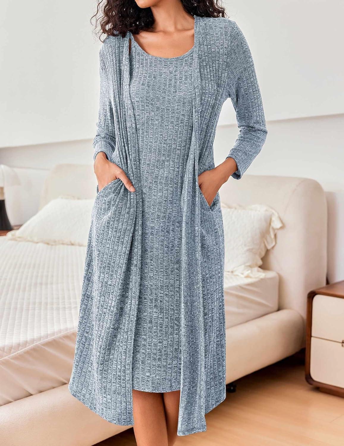 imageEKOUAER Womens Knit Robe Set 2 Piece Nightgown with Robes Long Sleeves Lounge Sets with Pockets S 3XLBlue