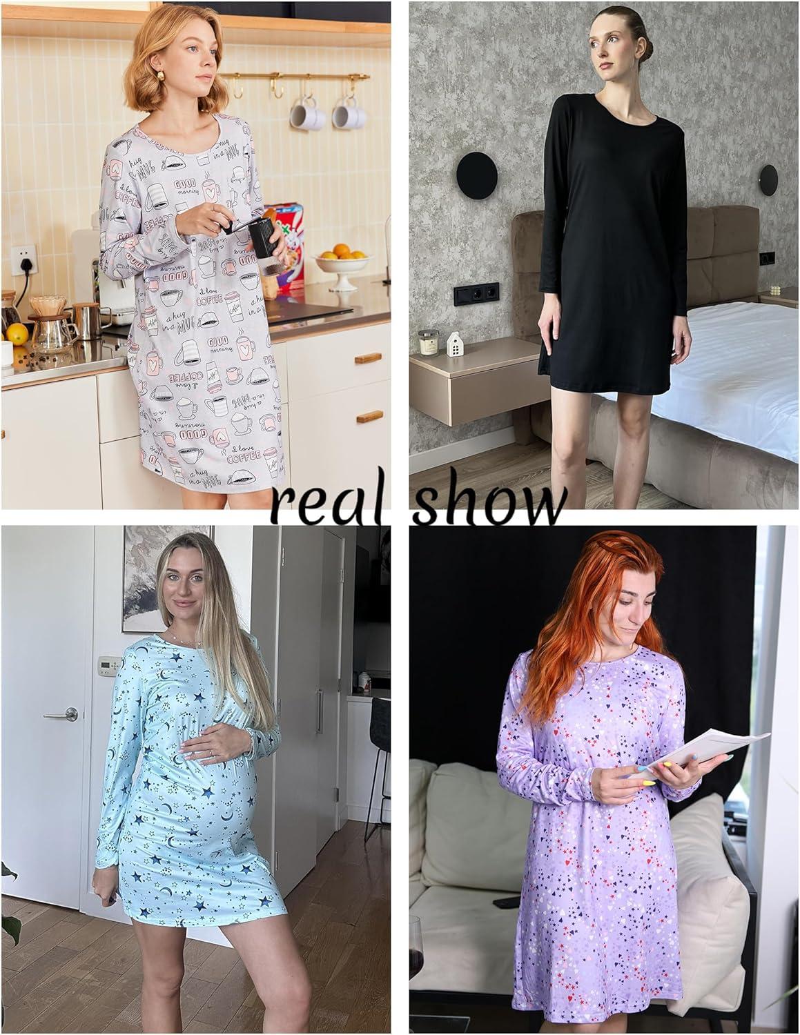 imageEkouaer 2 Pack Long Sleeve Sleep Shirts for Women Soft Night Shirts Pullover Nightgowns Comfy Night Gowns Dress S3XLPink Floralpurple Floral