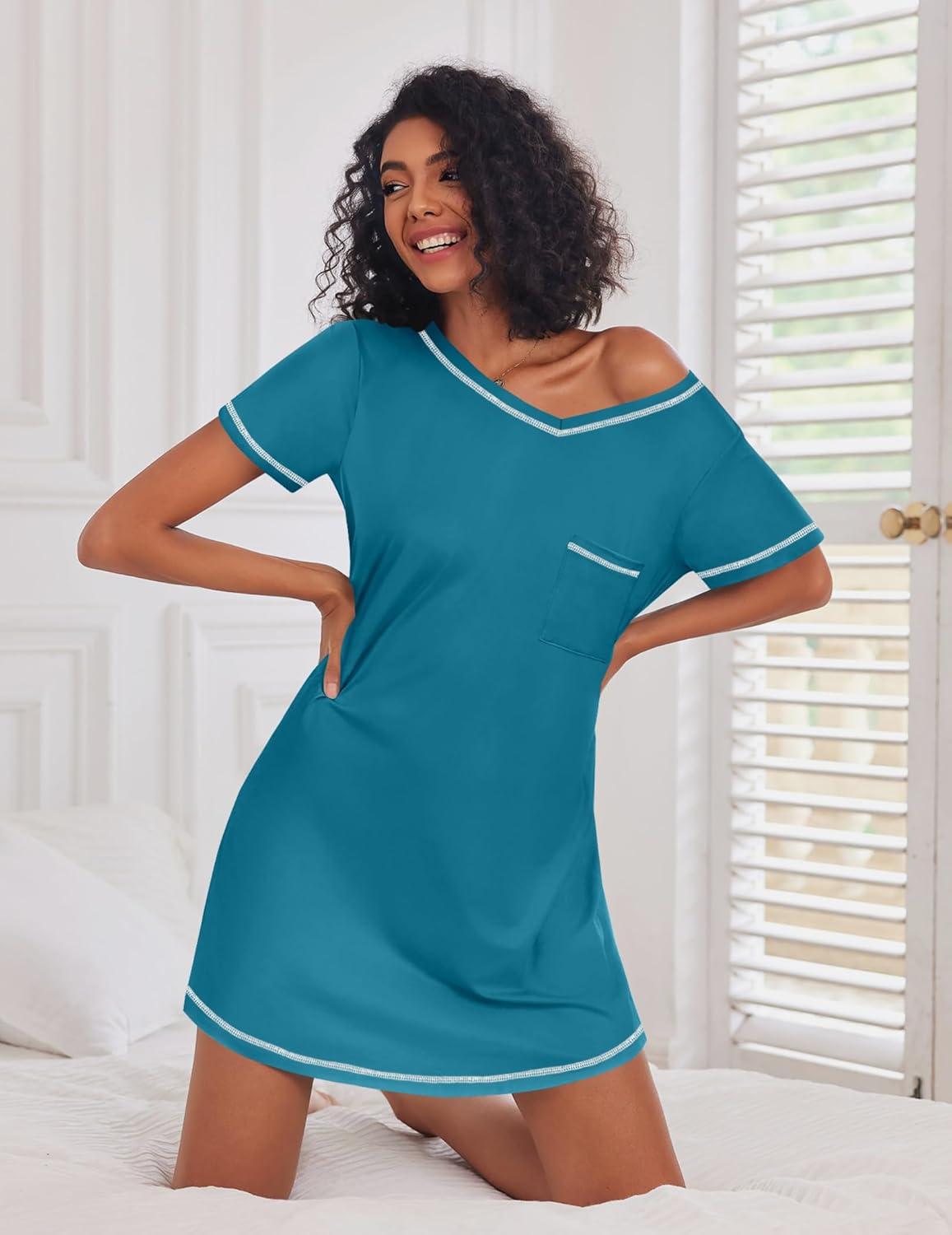 imageEkouaer 3 Pack Nightgowns for Women Short Sleeve Sleep Shirts T Shirt Night Gown V Neck Nightshirts Soft Sleepwear DressBlackBlue GreenCherry Blossoms