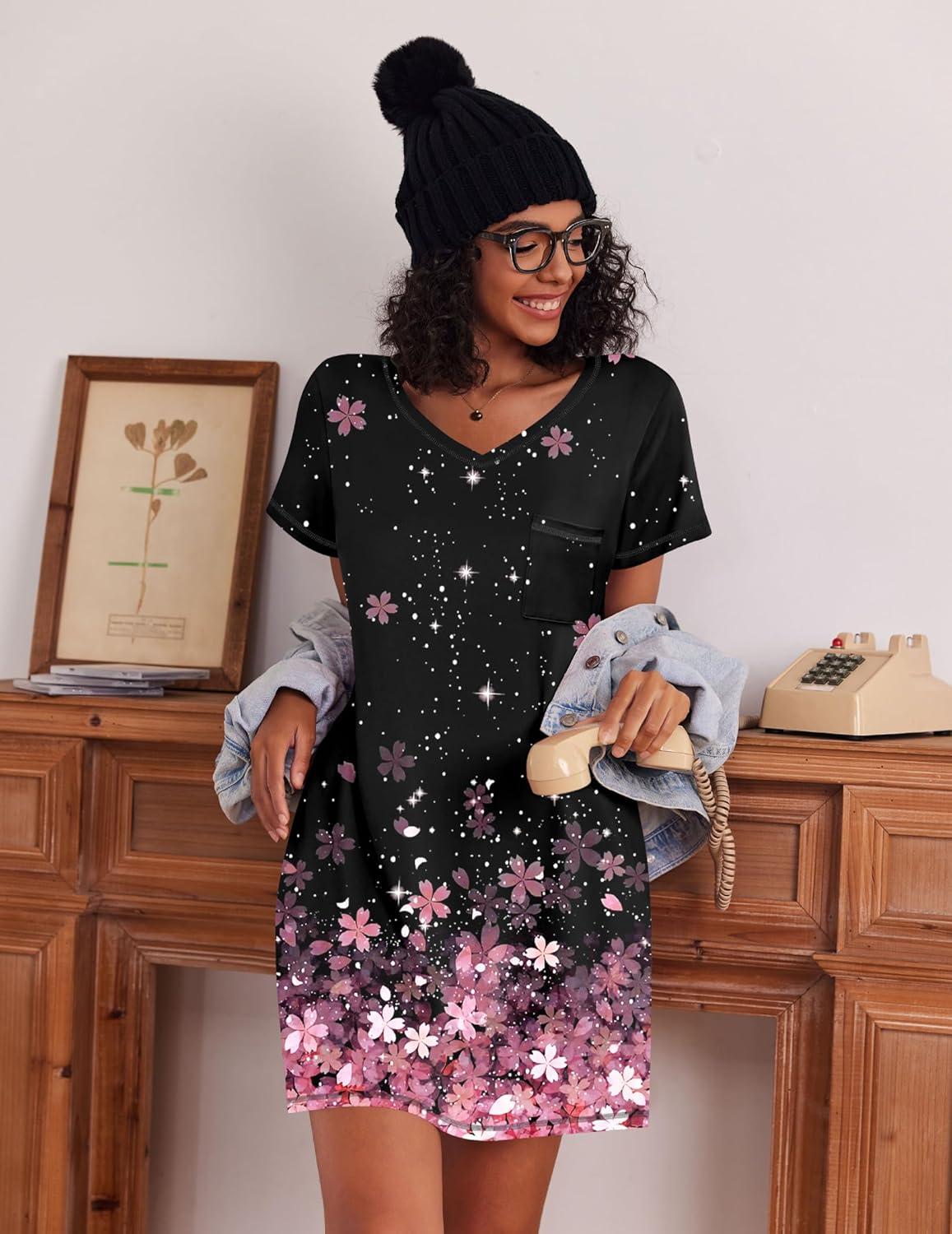 imageEkouaer 3 Pack Nightgowns for Women Short Sleeve Sleep Shirts T Shirt Night Gown V Neck Nightshirts Soft Sleepwear DressBlackGreyCherry Blossoms