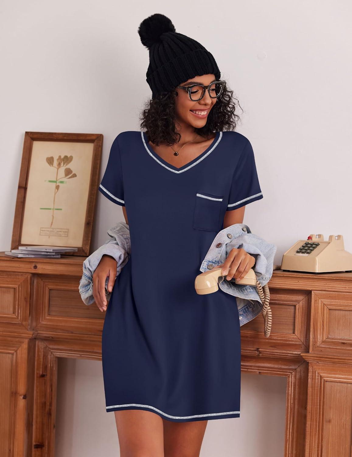 imageEkouaer 3 Pack Nightgowns for Women Short Sleeve Sleep Shirts T Shirt Night Gown V Neck Nightshirts Soft Sleepwear DressBlackGreyNavy Blue