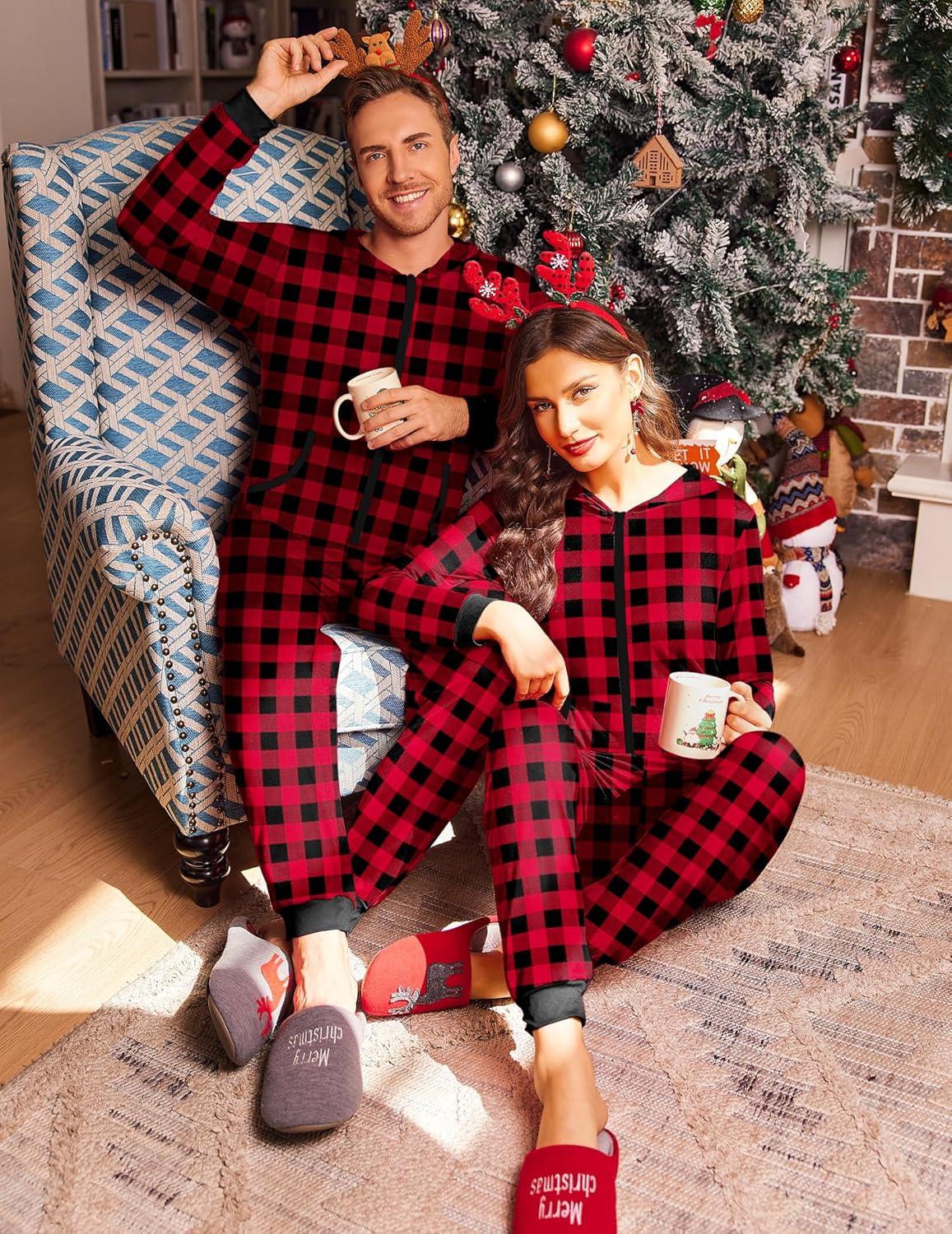imageEkouaer Christmas Matching Onesie for Couples Zipper One Piece Pajamas Adult Hooded Jumpsuit with PocketsChristmas Buffalo Plaid