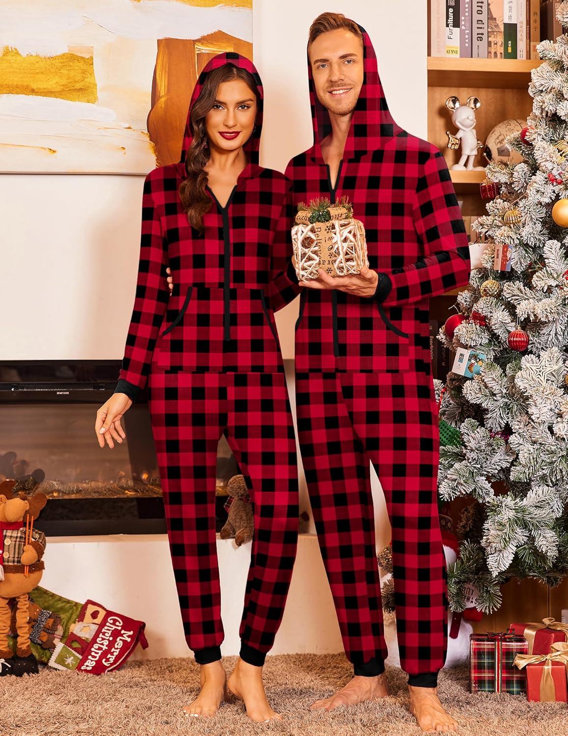 imageEkouaer Christmas Matching Onesie for Couples Zipper One Piece Pajamas Adult Hooded Jumpsuit with PocketsChristmas Buffalo Plaid